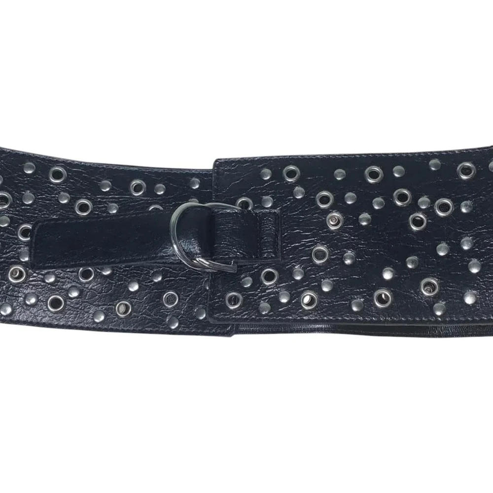 Holy Mama Black Wide Studded Grommet Waist Belt Silver D-Ring Buckle 35